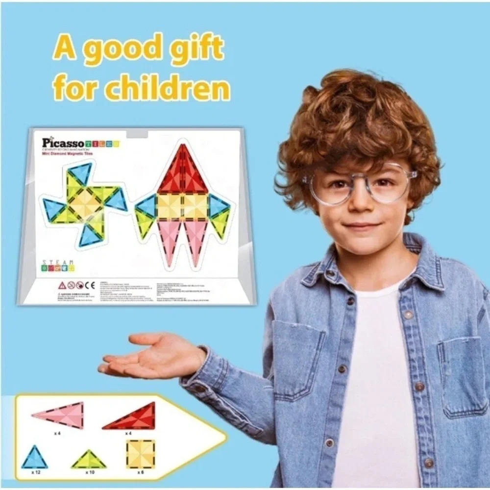 36-Piece Mini Diamond Magnetic Tiles Set - Red, Blue, Yellow
